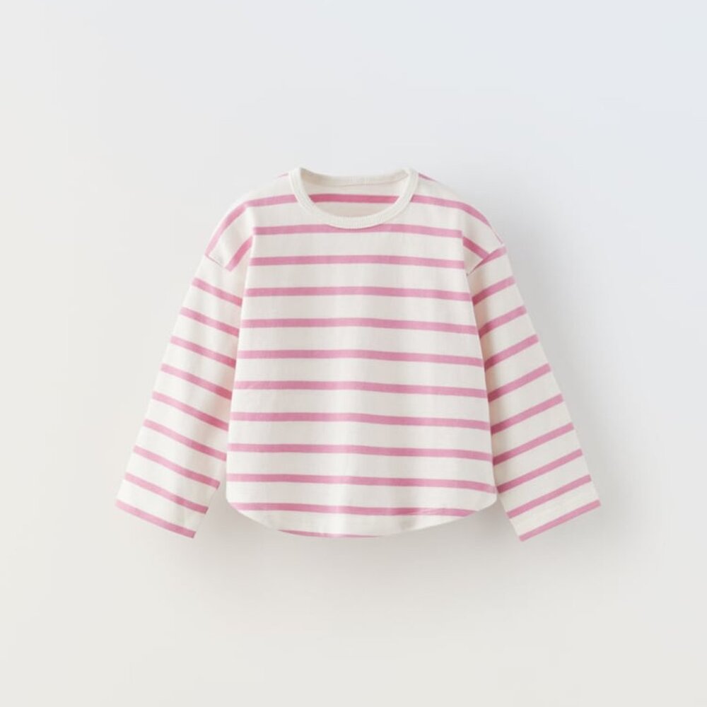 Zara Girls Woven Striped Shirt in pink and white